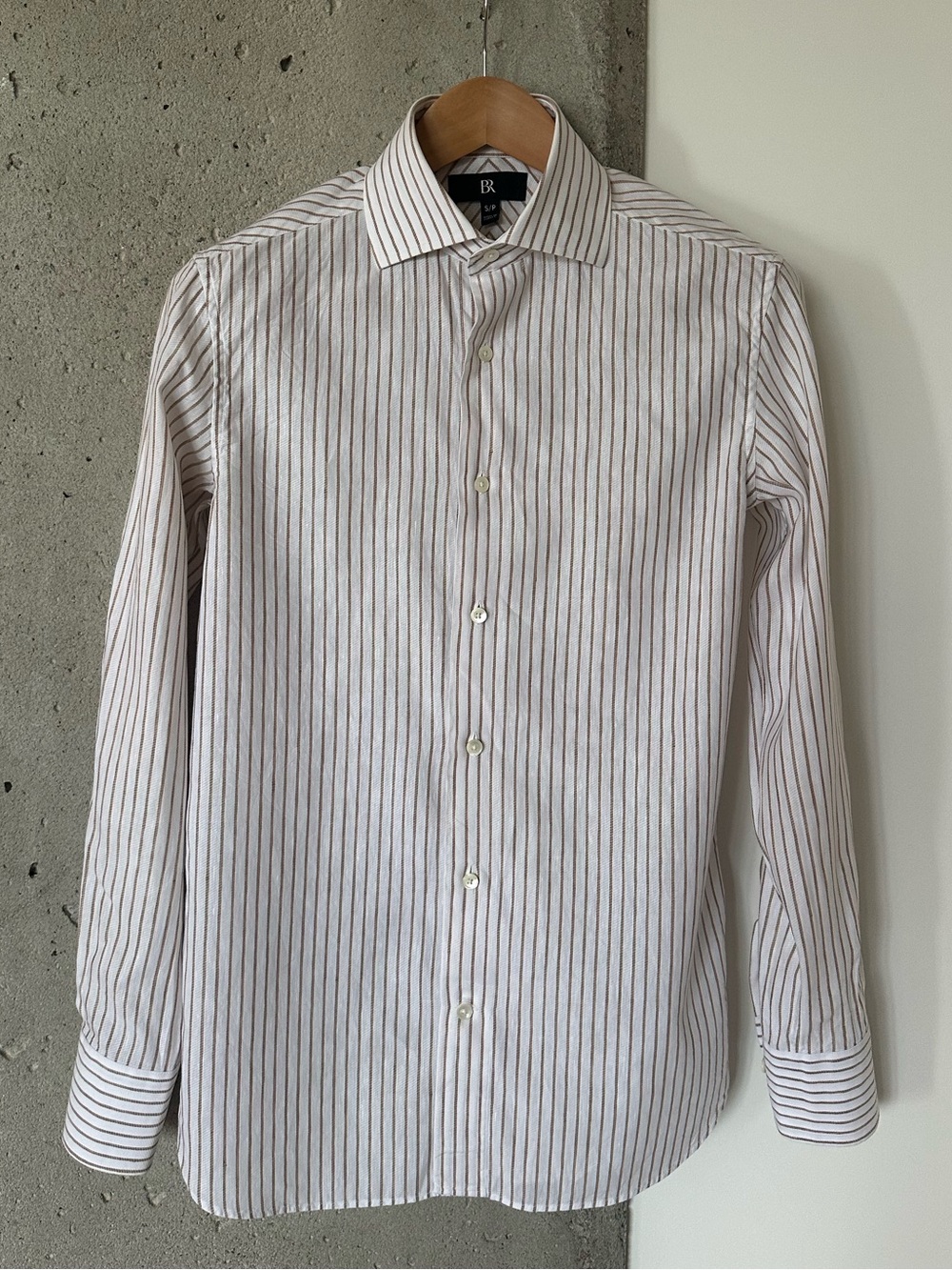 Banana Republic White Linen Blend Dress Shirt with Brown Pinstripes S